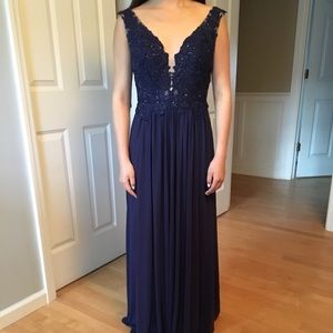 Sherri Hill Navy Lace Long Prom Dress 6 50255